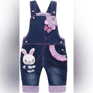 KIDSCOOL SPACE Baby Girl Jean Overalls,Toddler Denim Cute 3D Bunny Outfit